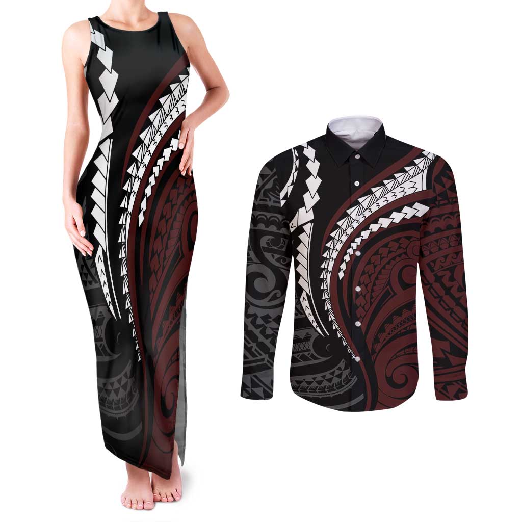 Polynesian Oxblood Line Art Tribal Tattoo Couples Matching Tank Maxi Dress and Long Sleeve Button Shirt LT9 Beige - Polynesian Pride