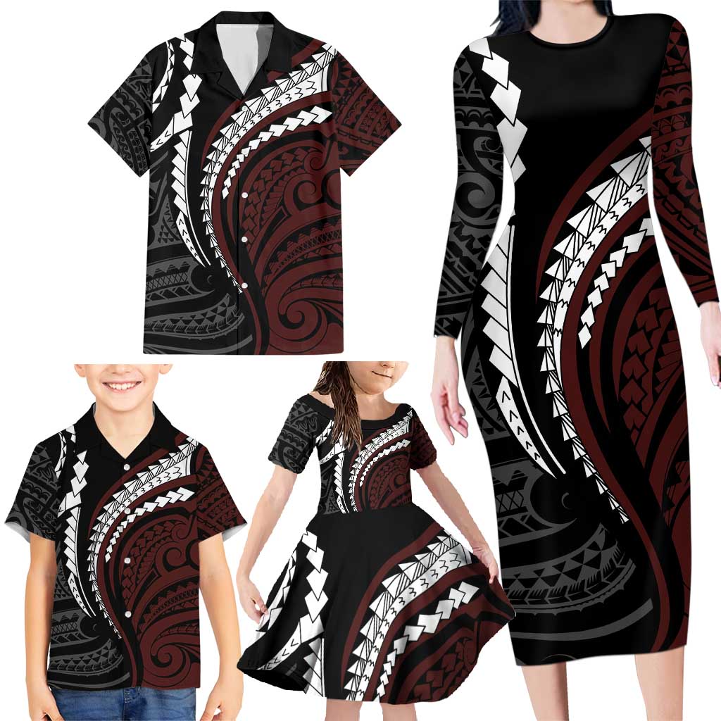 Polynesian Oxblood Line Art Tribal Tattoo Family Matching Long Sleeve Bodycon Dress and Hawaiian Shirt LT9 - Polynesian Pride