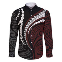 Polynesian Oxblood Line Art Tribal Tattoo Family Matching Long Sleeve Bodycon Dress and Hawaiian Shirt LT9 Dad's Shirt - Long Sleeve Beige - Polynesian Pride