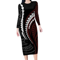 Polynesian Oxblood Line Art Tribal Tattoo Family Matching Long Sleeve Bodycon Dress and Hawaiian Shirt LT9 Mom's Dress Beige - Polynesian Pride