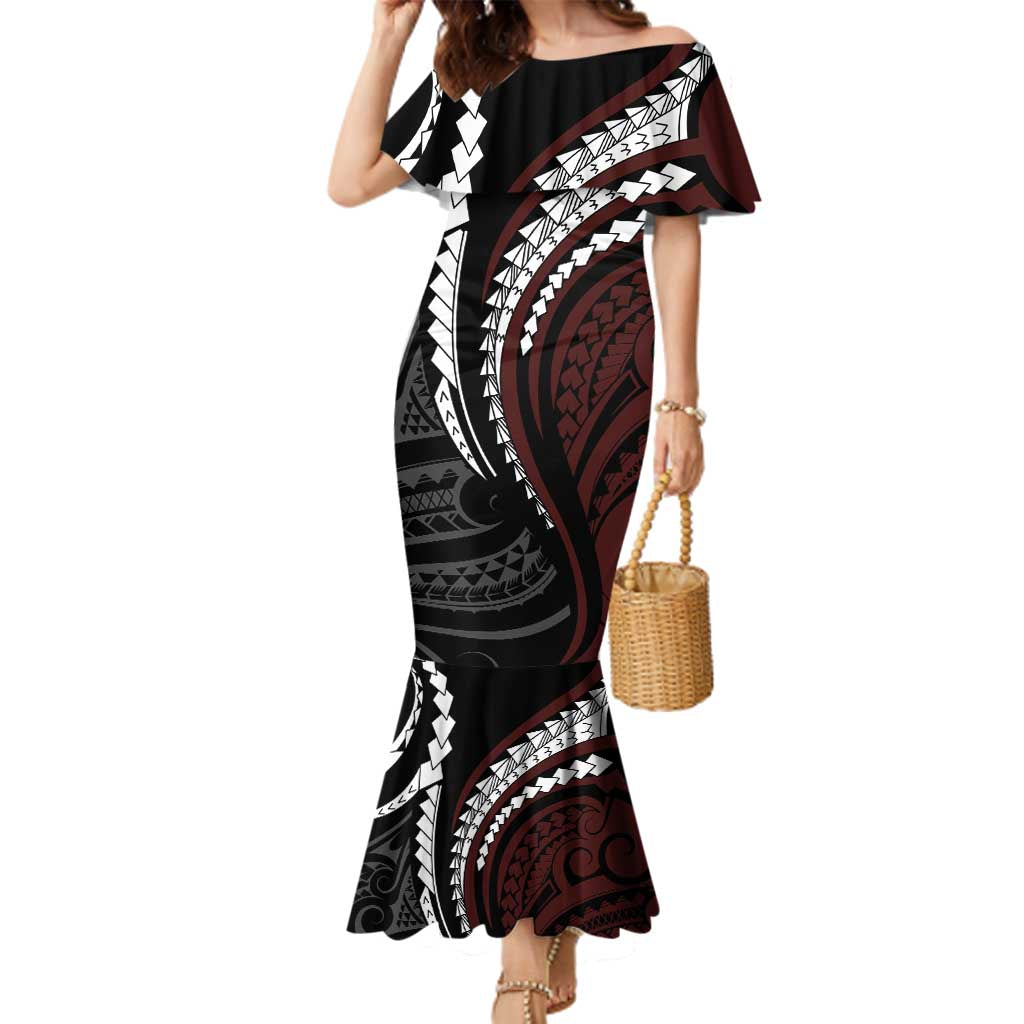 Polynesian Oxblood Line Art Tribal Tattoo Family Matching Mermaid Dress and Hawaiian Shirt LT9 Mom's Dress Beige - Polynesian Pride