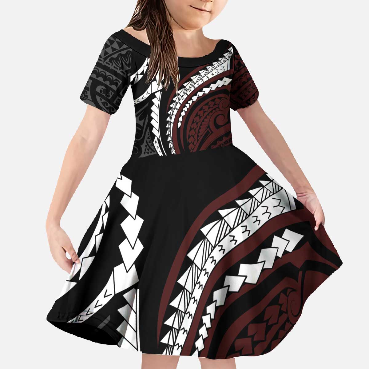 Polynesian Oxblood Line Art Tribal Tattoo Family Matching Off The Shoulder Long Sleeve Dress and Hawaiian Shirt LT9 Daughter's Dress Beige - Polynesian Pride