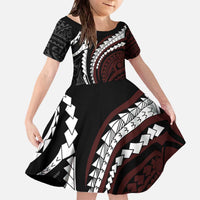 Polynesian Oxblood Line Art Tribal Tattoo Family Matching Off The Shoulder Long Sleeve Dress and Hawaiian Shirt LT9 Daughter's Dress Beige - Polynesian Pride
