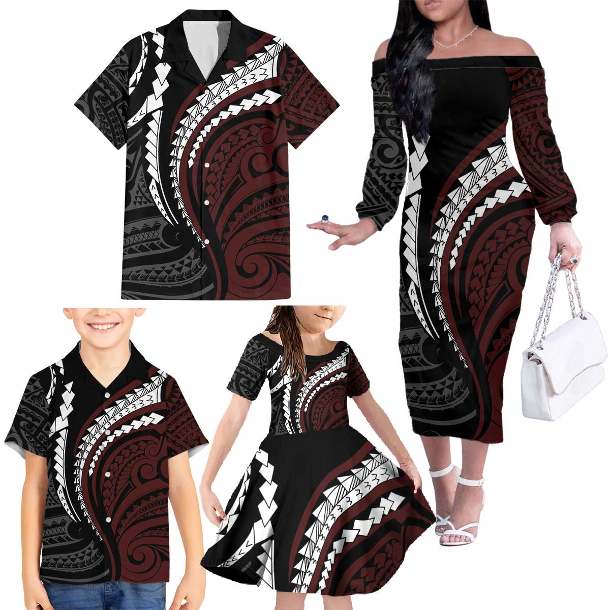 Polynesian Oxblood Line Art Tribal Tattoo Family Matching Off The Shoulder Long Sleeve Dress and Hawaiian Shirt LT9 - Polynesian Pride