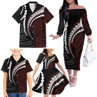 Polynesian Oxblood Line Art Tribal Tattoo Family Matching Off The Shoulder Long Sleeve Dress and Hawaiian Shirt LT9 - Polynesian Pride