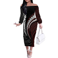 Polynesian Oxblood Line Art Tribal Tattoo Family Matching Off The Shoulder Long Sleeve Dress and Hawaiian Shirt LT9 Mom's Dress Beige - Polynesian Pride