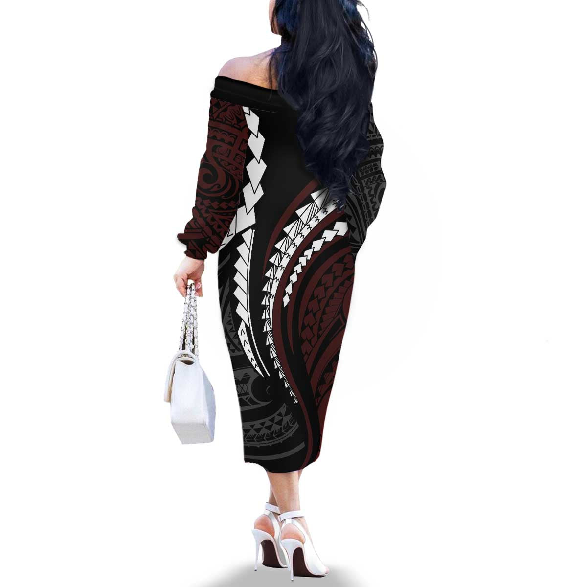 Polynesian Oxblood Line Art Tribal Tattoo Family Matching Off The Shoulder Long Sleeve Dress and Hawaiian Shirt LT9 - Polynesian Pride