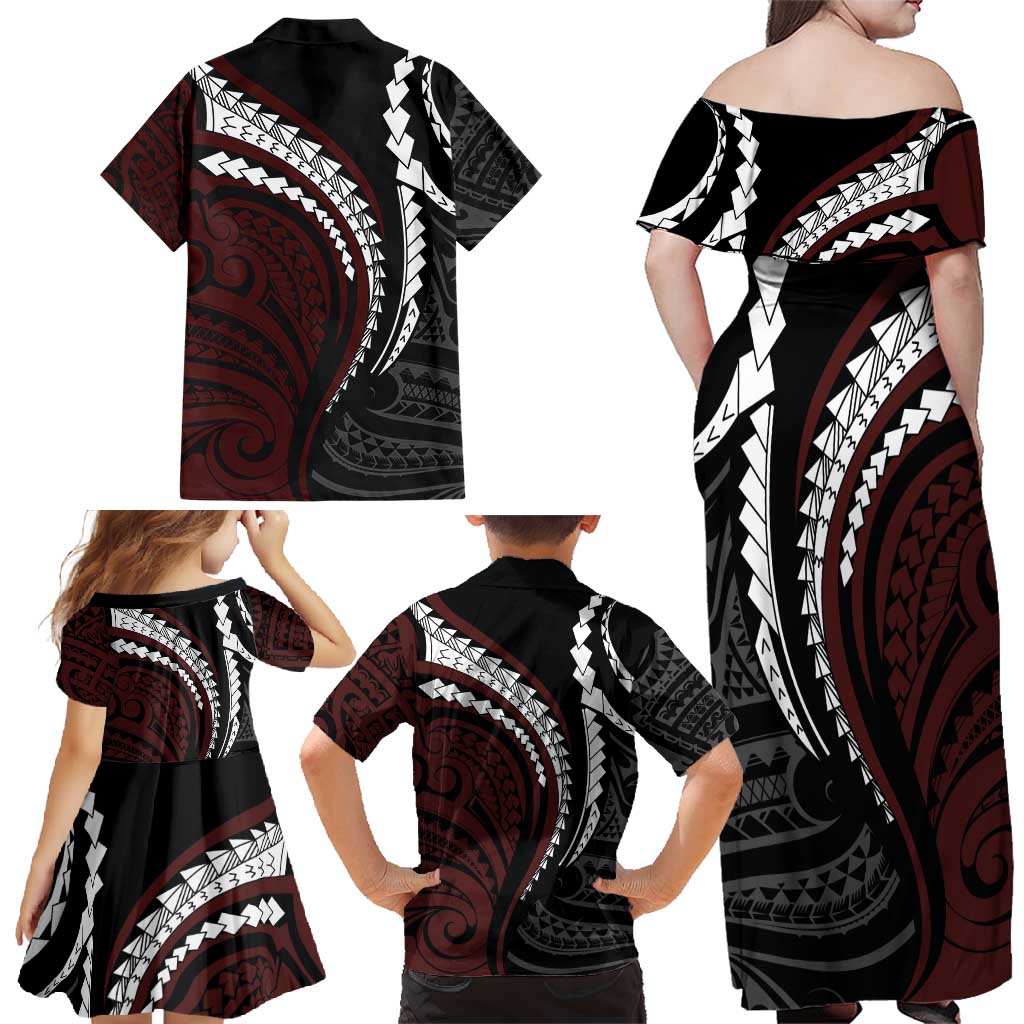 Polynesian Oxblood Line Art Tribal Tattoo Family Matching Off Shoulder Maxi Dress and Hawaiian Shirt LT9 - Polynesian Pride