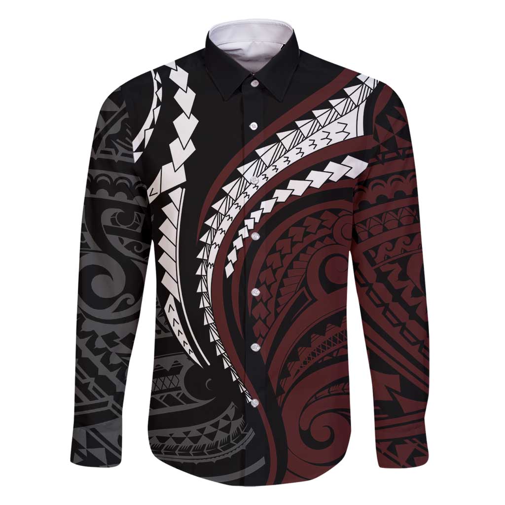 Polynesian Oxblood Line Art Tribal Tattoo Family Matching Off Shoulder Maxi Dress and Hawaiian Shirt LT9 Dad's Shirt - Long Sleeve Beige - Polynesian Pride