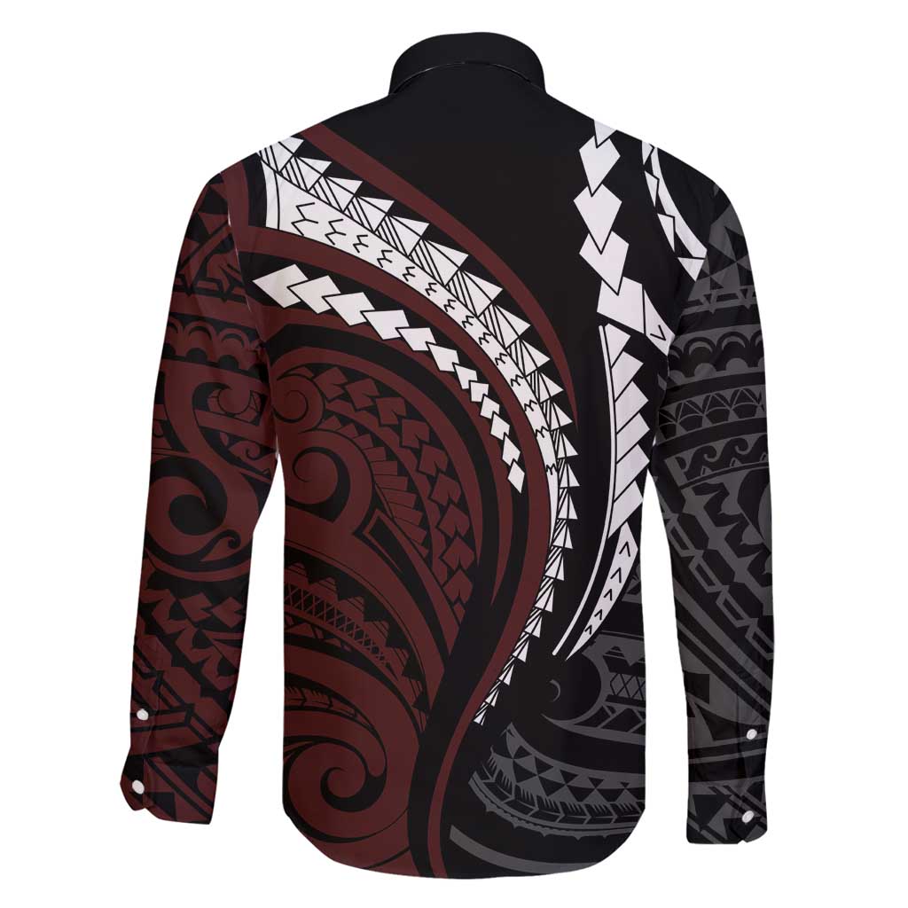 Polynesian Oxblood Line Art Tribal Tattoo Family Matching Off Shoulder Maxi Dress and Hawaiian Shirt LT9 - Polynesian Pride