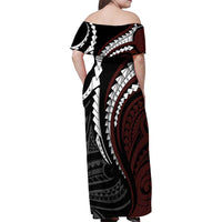 Polynesian Oxblood Line Art Tribal Tattoo Family Matching Off Shoulder Maxi Dress and Hawaiian Shirt LT9 - Polynesian Pride