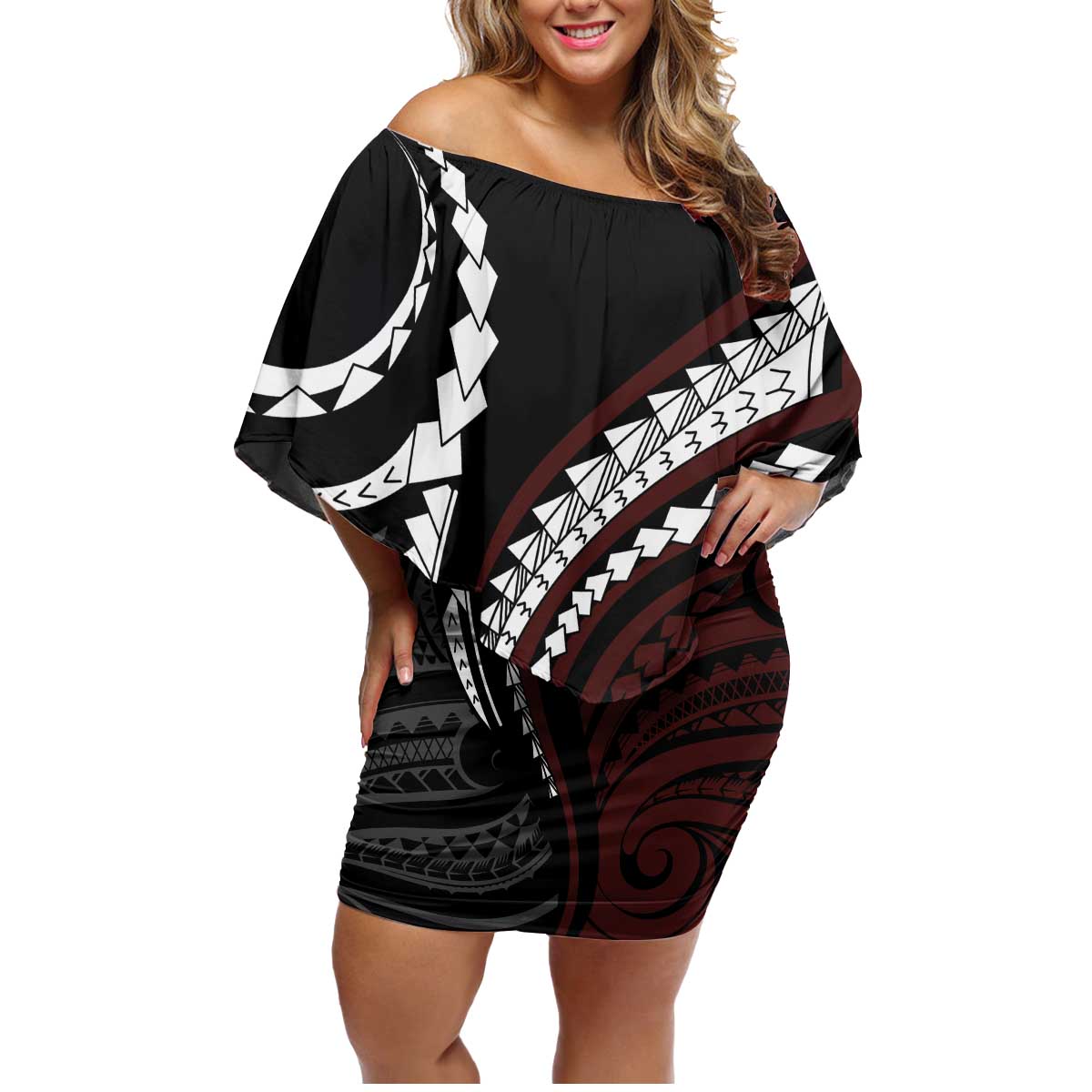 Polynesian Oxblood Line Art Tribal Tattoo Family Matching Off Shoulder Short Dress and Hawaiian Shirt LT9 Mom's Dress Beige - Polynesian Pride