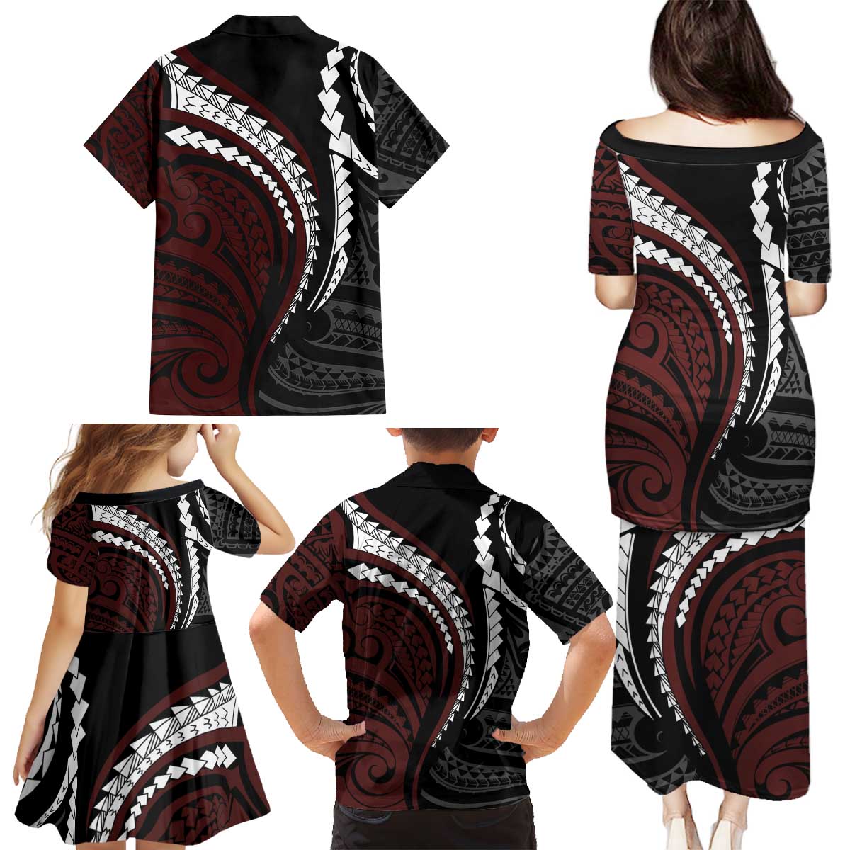 Polynesian Oxblood Line Art Tribal Tattoo Family Matching Puletasi and Hawaiian Shirt LT9 - Polynesian Pride
