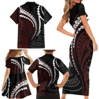 Polynesian Oxblood Line Art Tribal Tattoo Family Matching Short Sleeve Bodycon Dress and Hawaiian Shirt LT9 - Polynesian Pride