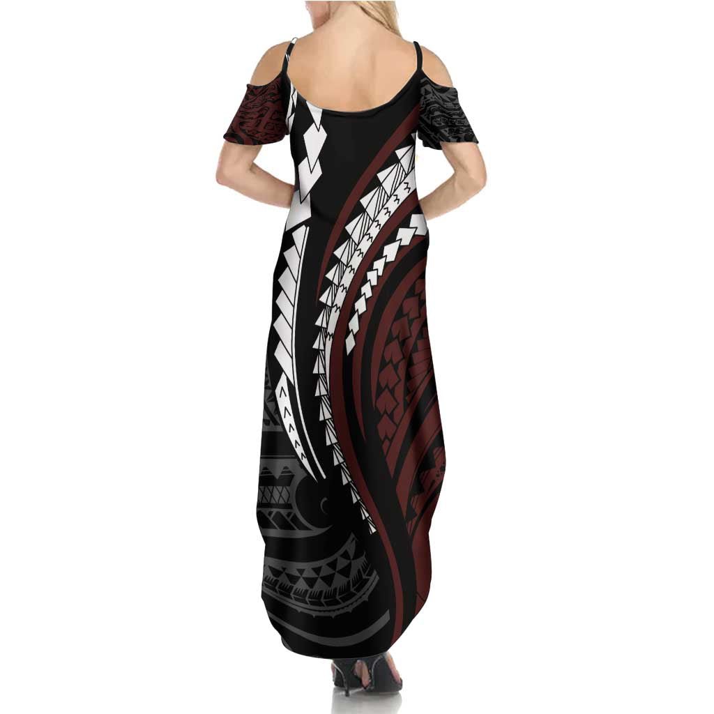 Polynesian Oxblood Line Art Tribal Tattoo Family Matching Summer Maxi Dress and Hawaiian Shirt LT9 - Polynesian Pride