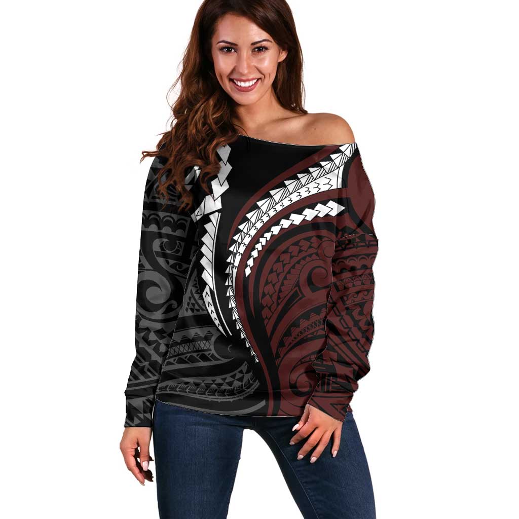 Polynesian Oxblood Line Art Tribal Tattoo Off Shoulder Sweater LT9 Women Beige - Polynesian Pride