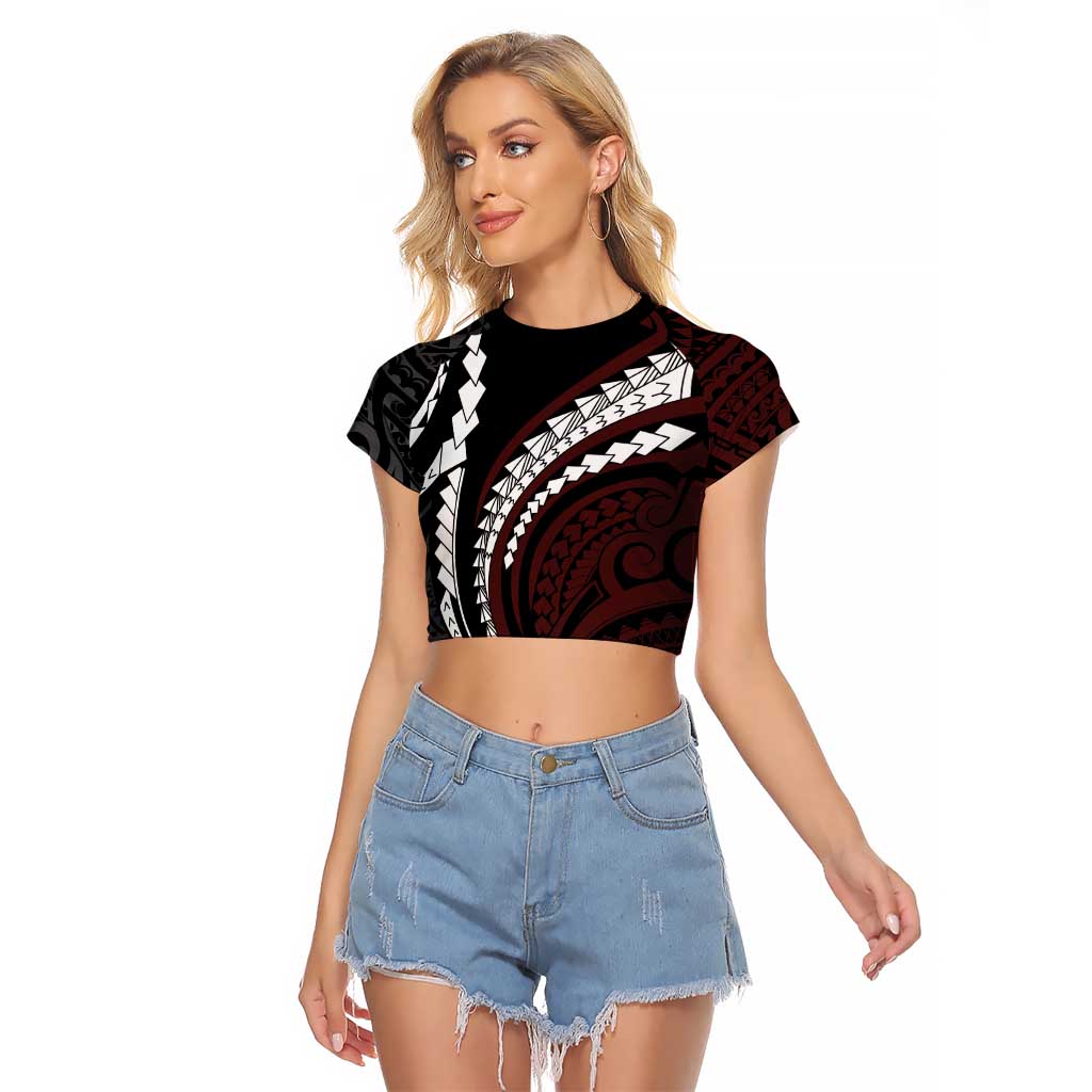 Polynesian Oxblood Line Art Tribal Tattoo Raglan Cropped T Shirt LT9 Female Beige - Polynesian Pride