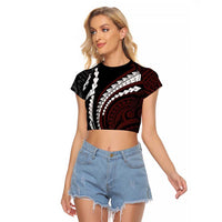 Polynesian Oxblood Line Art Tribal Tattoo Raglan Cropped T Shirt LT9 Female Beige - Polynesian Pride