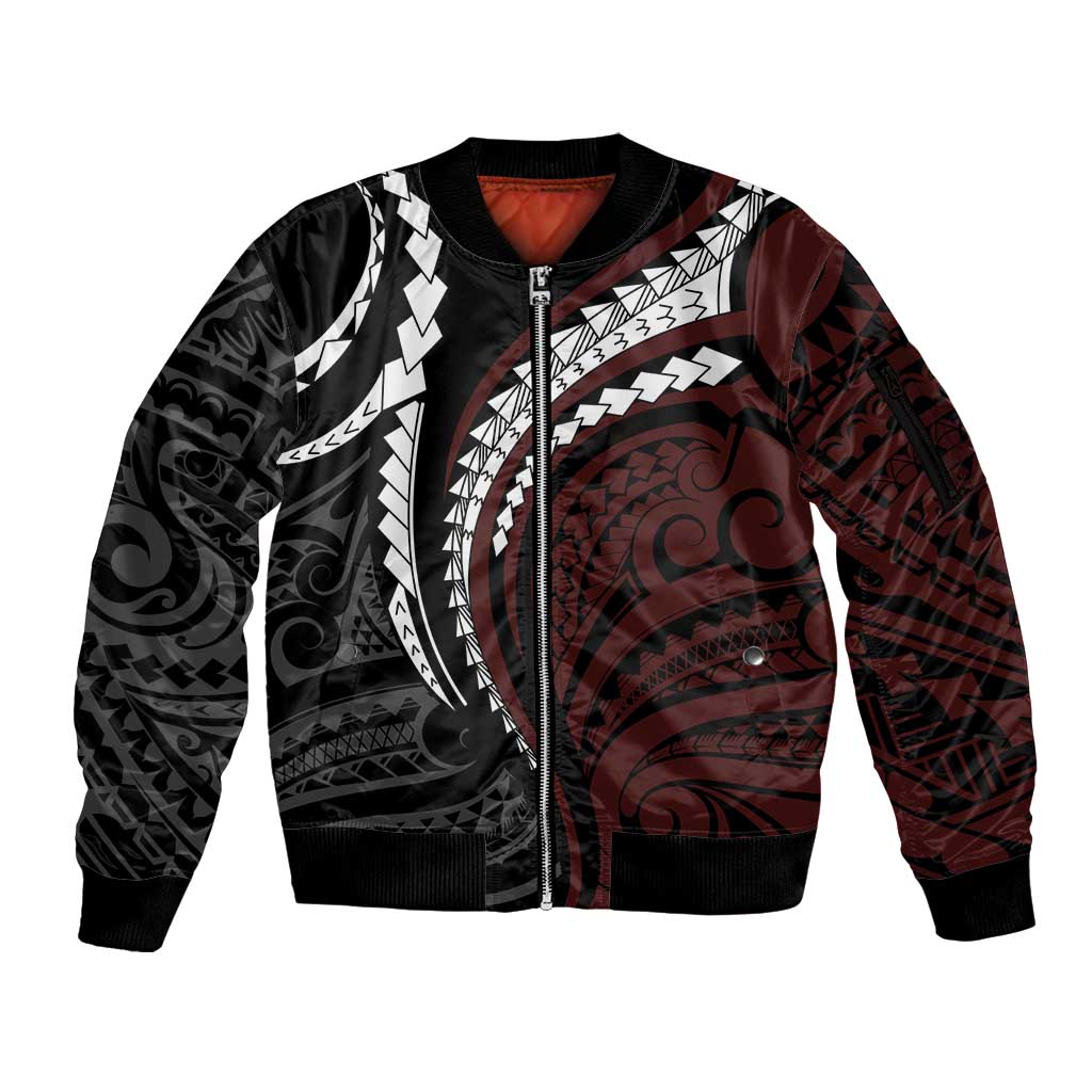 Polynesian Oxblood Line Art Tribal Tattoo Sleeve Zip Bomber Jacket LT9 Unisex Beige - Polynesian Pride