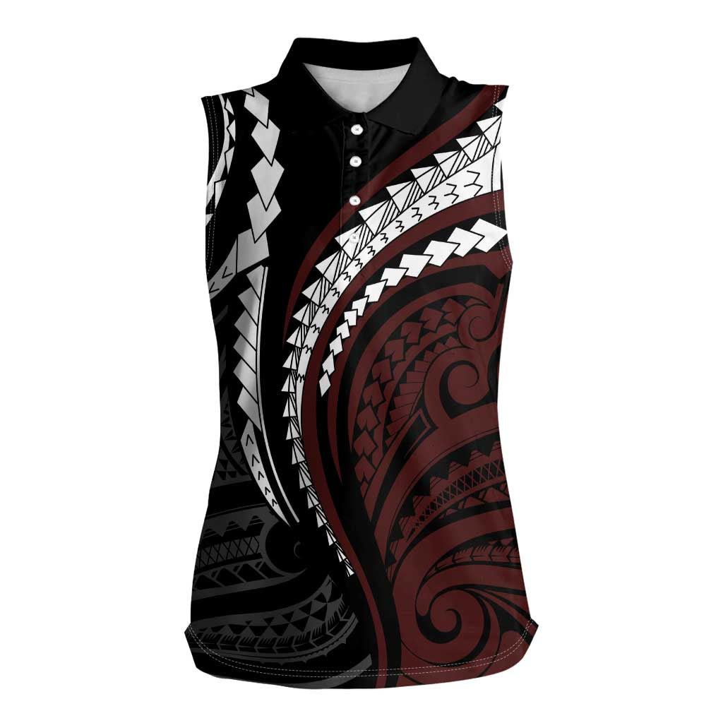 Polynesian Oxblood Line Art Tribal Tattoo Women Sleeveless Polo Shirt LT9 Female Beige - Polynesian Pride
