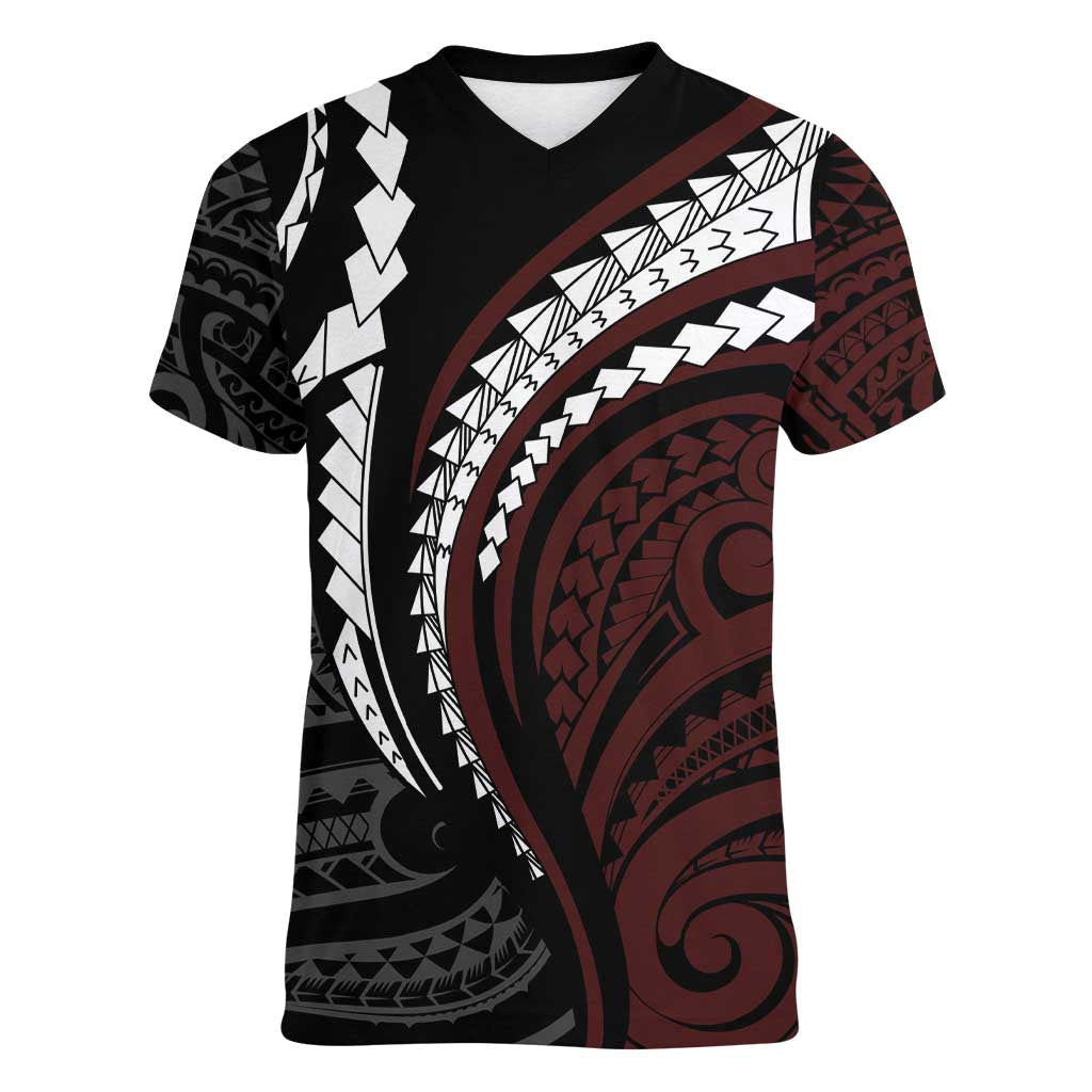 Polynesian Oxblood Line Art Tribal Tattoo Women V-Neck T-Shirt LT9 Female Beige - Polynesian Pride