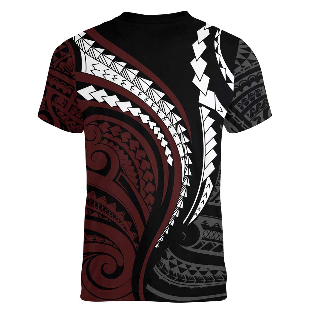 Polynesian Oxblood Line Art Tribal Tattoo Women V-Neck T-Shirt LT9 - Polynesian Pride