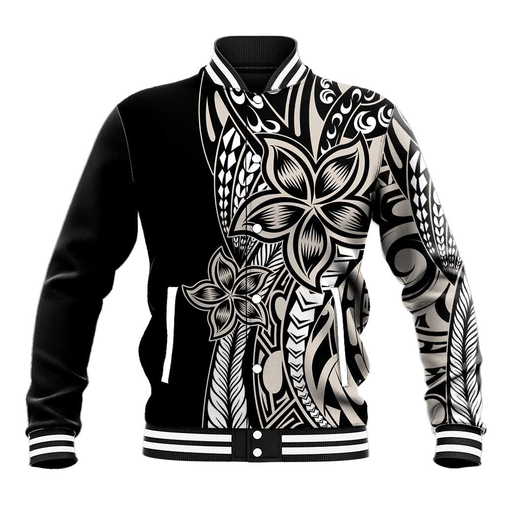 Polynesian Plumeria Floral Tattoo Pattern Baseball Jacket Beige Style