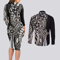 Polynesian Plumeria Floral Tattoo Pattern Couples Matching Long Sleeve Bodycon Dress and Long Sleeve Button Shirt Beige Style LT9 - Polynesian Pride