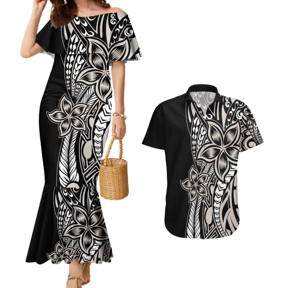 Polynesian Plumeria Floral Tattoo Pattern Couples Matching Mermaid Dress and Hawaiian Shirt Beige Style LT9 Beige - Polynesian Pride