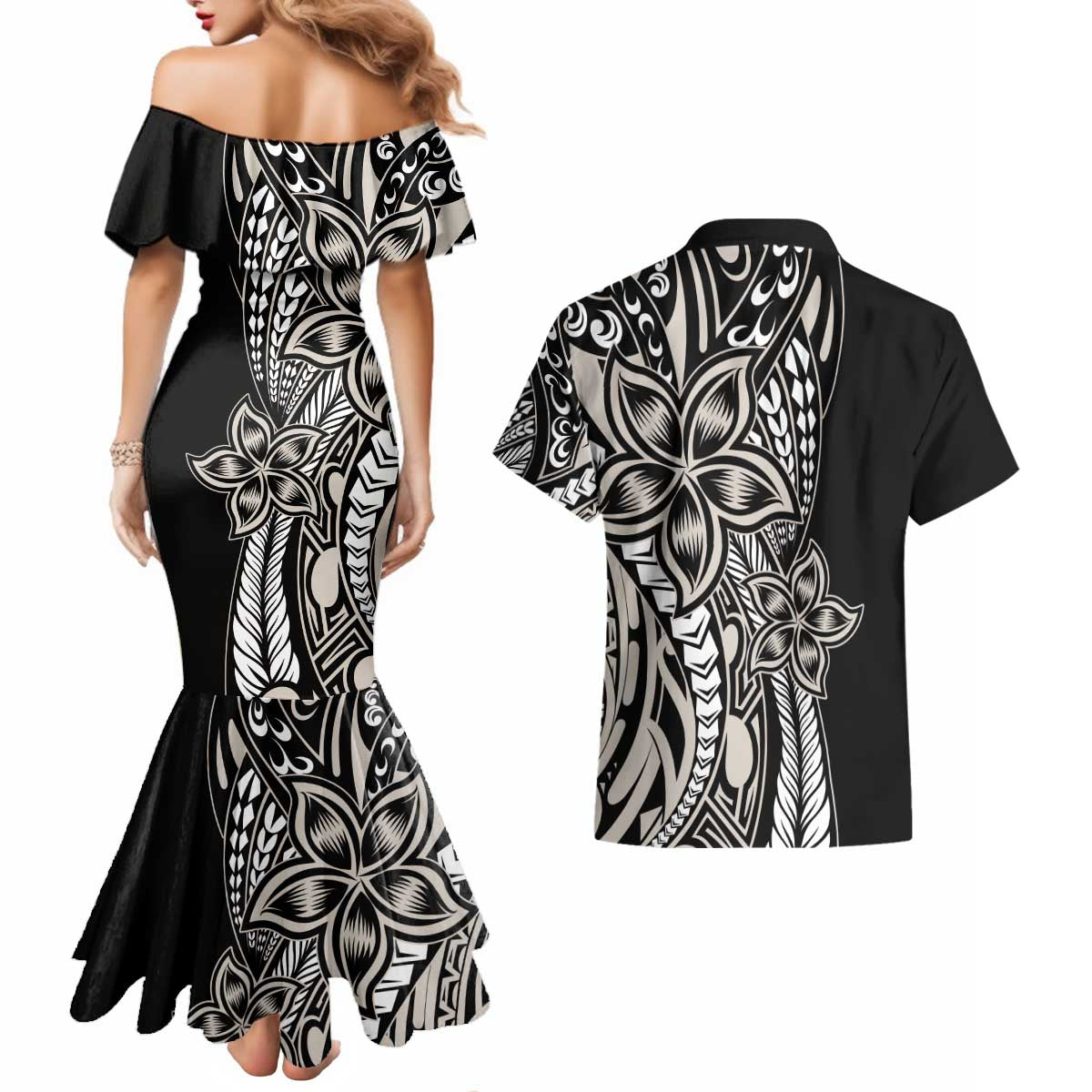 Polynesian Plumeria Floral Tattoo Pattern Couples Matching Mermaid Dress and Hawaiian Shirt Beige Style LT9 - Polynesian Pride