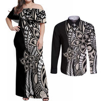 Polynesian Plumeria Floral Tattoo Pattern Couples Matching Off Shoulder Maxi Dress and Long Sleeve Button Shirt Beige Style