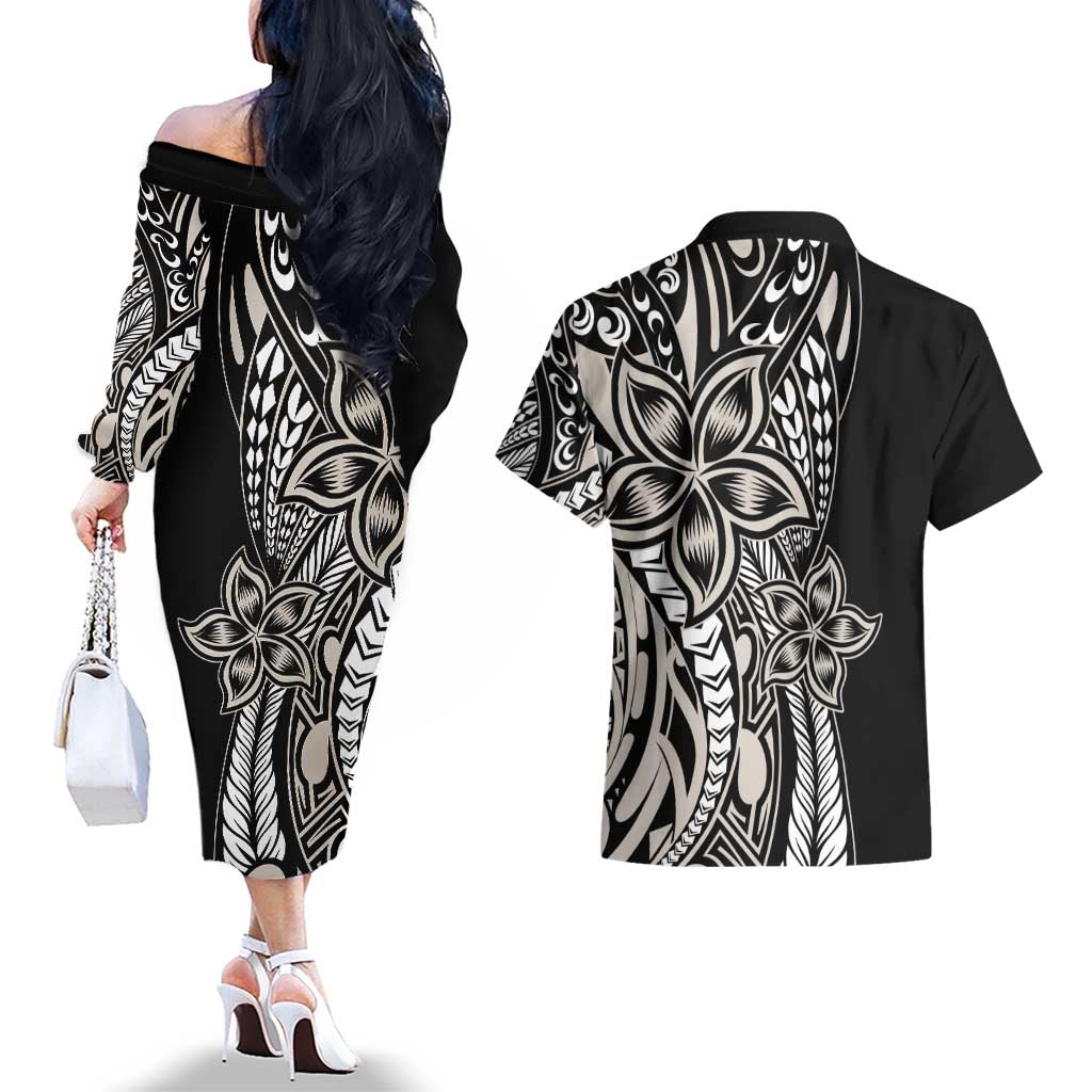 Polynesian Plumeria Floral Tattoo Pattern Couples Matching Off The Shoulder Long Sleeve Dress and Hawaiian Shirt Beige Style LT9 - Polynesian Pride