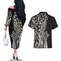 Polynesian Plumeria Floral Tattoo Pattern Couples Matching Off The Shoulder Long Sleeve Dress and Hawaiian Shirt Beige Style LT9 - Polynesian Pride