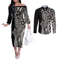 Polynesian Plumeria Floral Tattoo Pattern Couples Matching Off The Shoulder Long Sleeve Dress and Long Sleeve Button Shirt Beige Style LT9 Beige - Polynesian Pride
