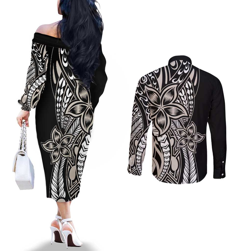 Polynesian Plumeria Floral Tattoo Pattern Couples Matching Off The Shoulder Long Sleeve Dress and Long Sleeve Button Shirt Beige Style LT9 - Polynesian Pride