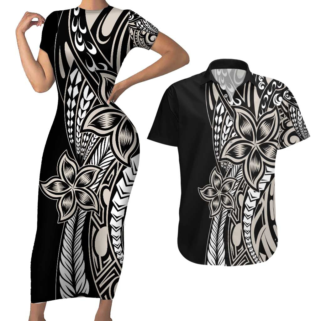 Polynesian Plumeria Floral Tattoo Pattern Couples Matching Short Sleeve Bodycon Dress and Hawaiian Shirt Beige Style LT9 Beige - Polynesian Pride