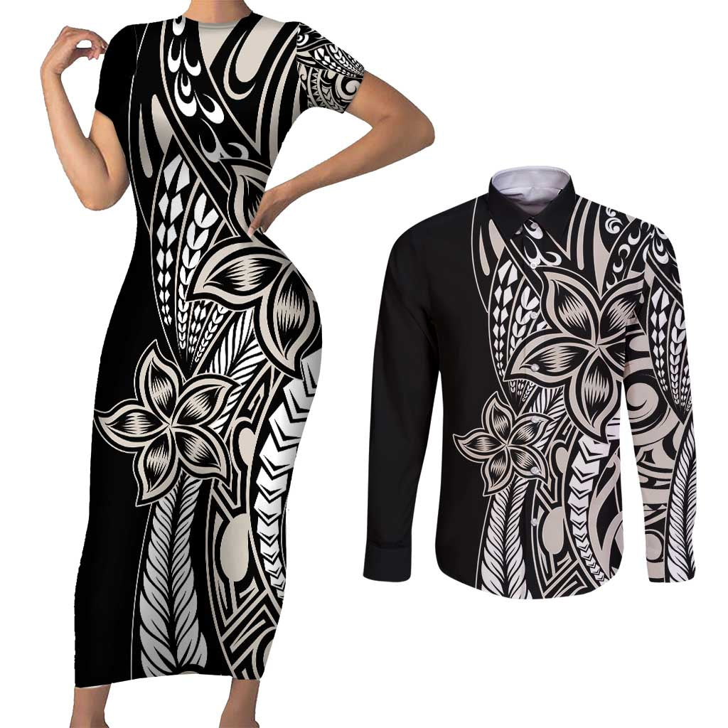 Polynesian Plumeria Floral Tattoo Pattern Couples Matching Short Sleeve Bodycon Dress and Long Sleeve Button Shirt Beige Style