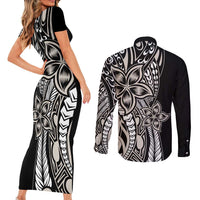 Polynesian Plumeria Floral Tattoo Pattern Couples Matching Short Sleeve Bodycon Dress and Long Sleeve Button Shirt Beige Style LT9 - Polynesian Pride