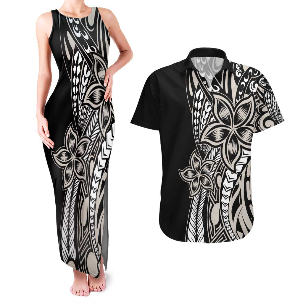 Polynesian Plumeria Floral Tattoo Pattern Couples Matching Tank Maxi Dress and Hawaiian Shirt Beige Style LT9 Beige - Polynesian Pride