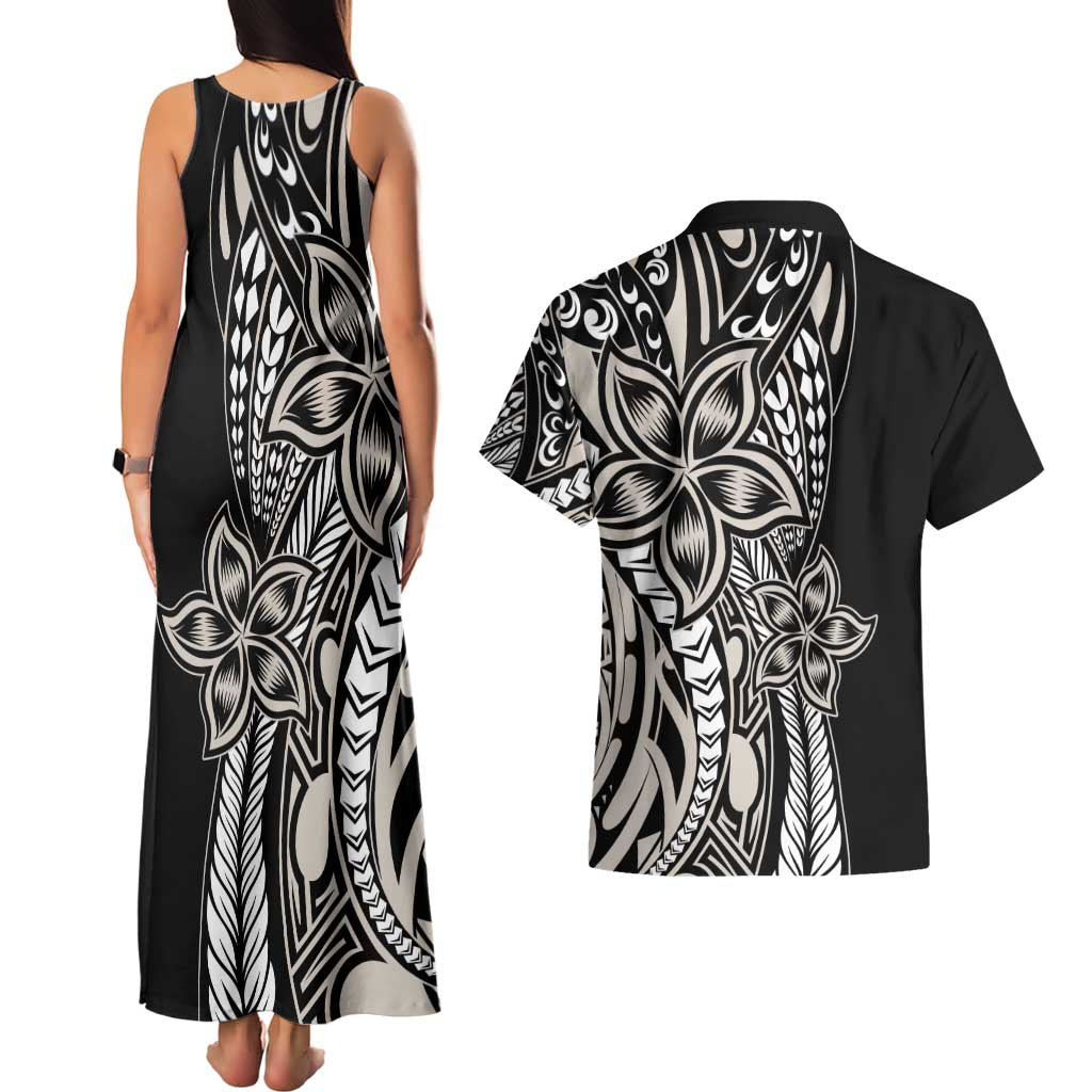 Polynesian Plumeria Floral Tattoo Pattern Couples Matching Tank Maxi Dress and Hawaiian Shirt Beige Style LT9 - Polynesian Pride