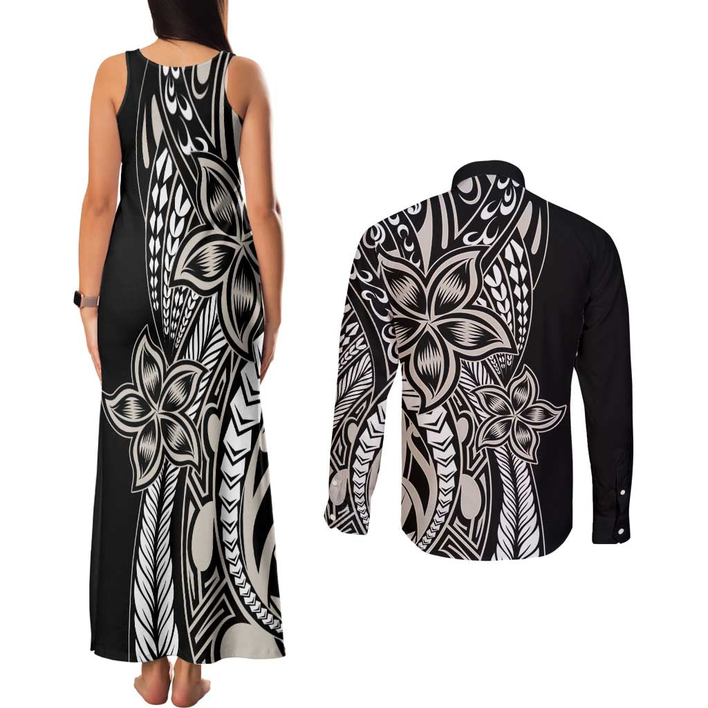 Polynesian Plumeria Floral Tattoo Pattern Couples Matching Tank Maxi Dress and Long Sleeve Button Shirt Beige Style