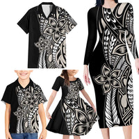 Polynesian Plumeria Floral Tattoo Pattern Family Matching Long Sleeve Bodycon Dress and Hawaiian Shirt Beige Style LT9 - Polynesian Pride