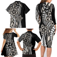 Polynesian Plumeria Floral Tattoo Pattern Family Matching Long Sleeve Bodycon Dress and Hawaiian Shirt Beige Style LT9 - Polynesian Pride