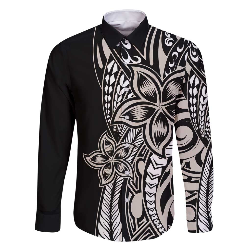 Polynesian Plumeria Floral Tattoo Pattern Family Matching Long Sleeve Bodycon Dress and Hawaiian Shirt Beige Style LT9 Dad's Shirt - Long Sleeve Beige - Polynesian Pride