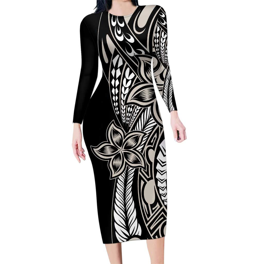 Polynesian Plumeria Floral Tattoo Pattern Family Matching Long Sleeve Bodycon Dress and Hawaiian Shirt Beige Style LT9 Mom's Dress Beige - Polynesian Pride
