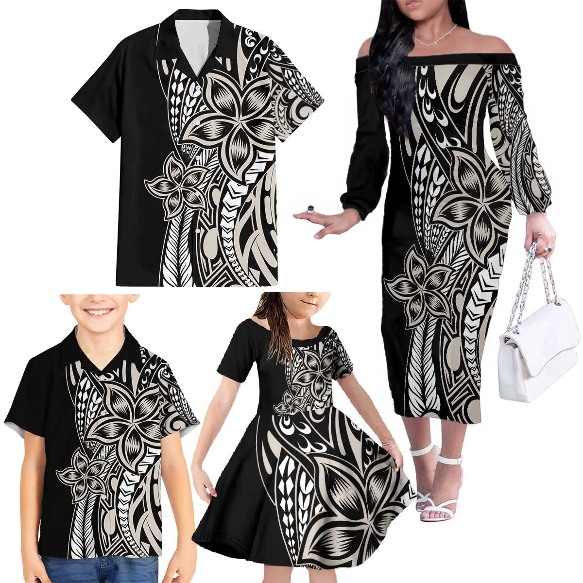 Polynesian Plumeria Floral Tattoo Pattern Family Matching Off The Shoulder Long Sleeve Dress and Hawaiian Shirt Beige Style LT9 - Polynesian Pride