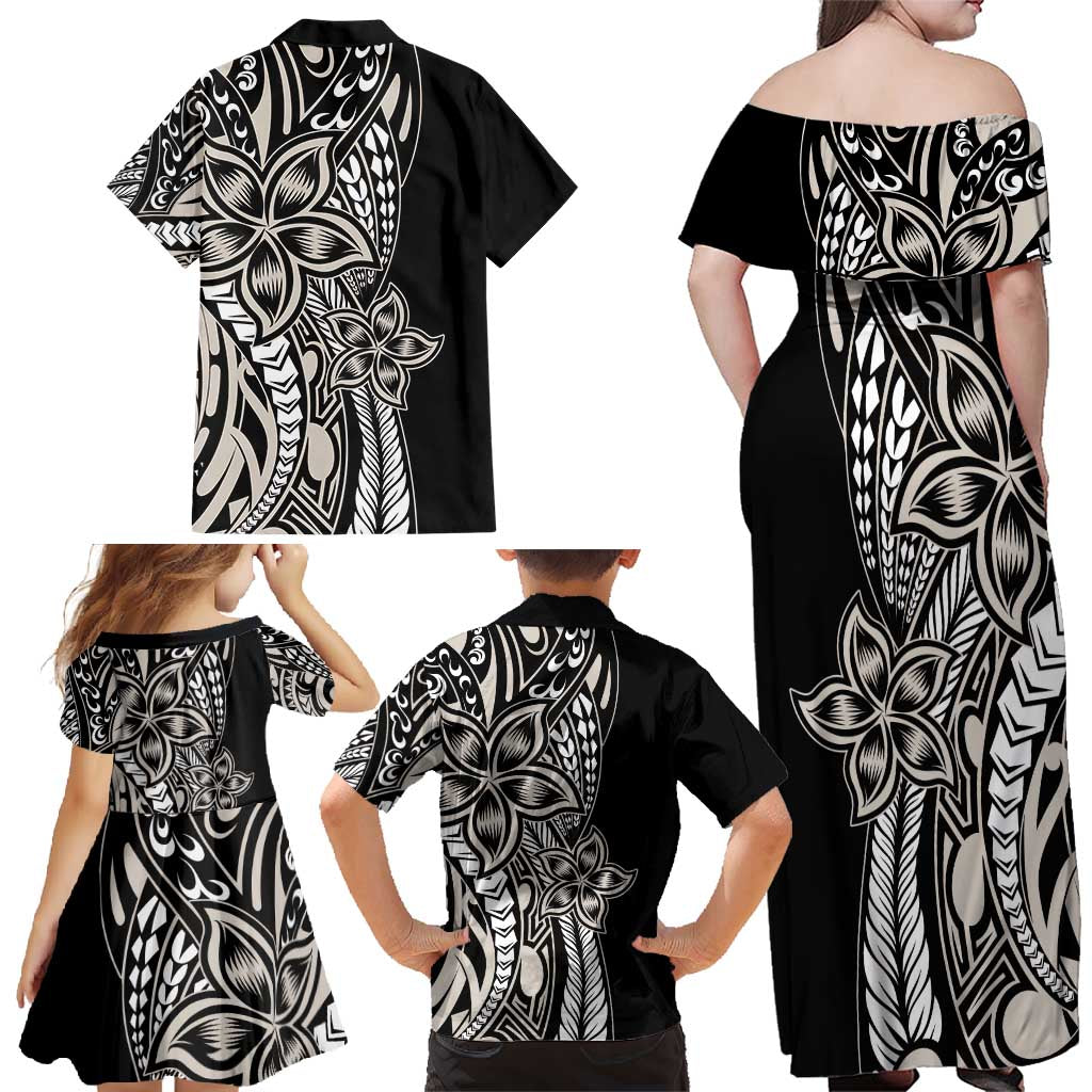 Polynesian Plumeria Floral Tattoo Pattern Family Matching Off Shoulder Maxi Dress and Hawaiian Shirt Beige Style LT9 - Polynesian Pride