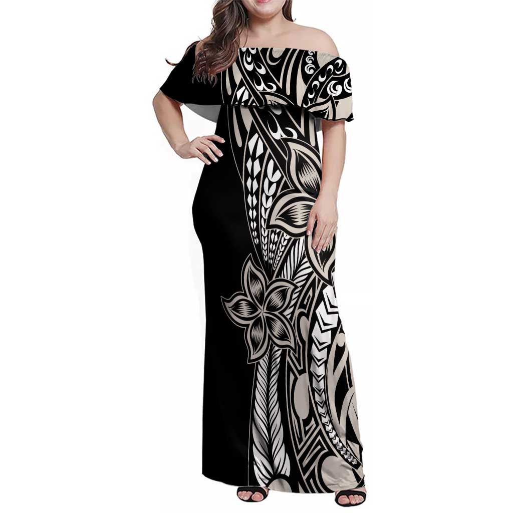 Polynesian Plumeria Floral Tattoo Pattern Family Matching Off Shoulder Maxi Dress and Hawaiian Shirt Beige Style LT9 Mom's Dress Beige - Polynesian Pride