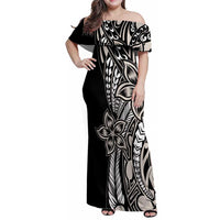 Polynesian Plumeria Floral Tattoo Pattern Family Matching Off Shoulder Maxi Dress and Hawaiian Shirt Beige Style LT9 Mom's Dress Beige - Polynesian Pride