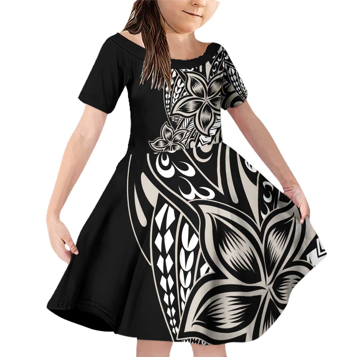 Polynesian Plumeria Floral Tattoo Pattern Family Matching Off Shoulder Short Dress and Hawaiian Shirt Beige Style LT9 Daughter's Dress Beige - Polynesian Pride